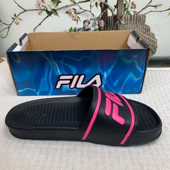 Fila Sleek Slide ST Womens Sandals Size 10  Black With Pink Logo - Picture 1 of 5